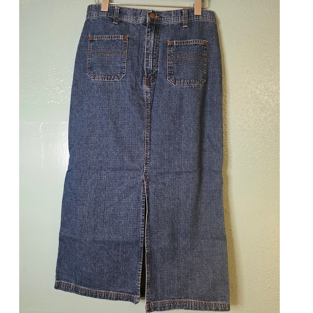 Bill Blass Denim Maxi Skirt Dark Wash Front Slit Patch Pockets W30 L34.5